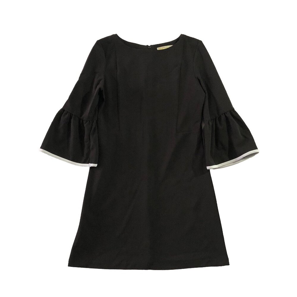 Bella Rose Shift Dress Womens Size 10 Black Round Neck ¾ Bell White Trim Sleeve